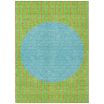 5' X 8' Lime Green And Blue Striped Washable Indoor Outdoor Area Rug