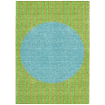5' X 8' Lime Green And Blue Striped Washable Indoor Outdoor Area Rug
