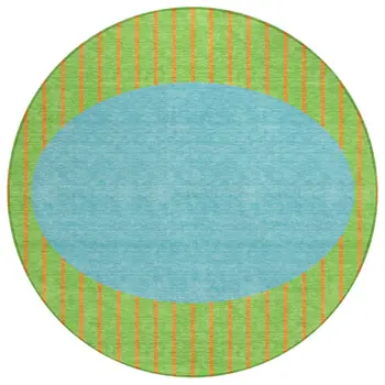 8' Lime Green And Blue Round Striped Washable Indoor Outdoor Area Rug