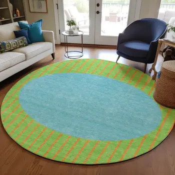 8' Lime Green And Blue Round Striped Washable Indoor Outdoor Area Rug
