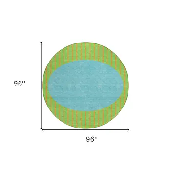 8' Lime Green And Blue Round Striped Washable Indoor Outdoor Area Rug