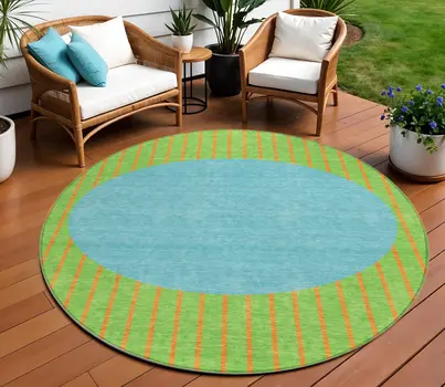 8' Lime Green And Blue Round Striped Washable Indoor Outdoor Area Rug