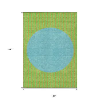 9' X 12' Lime Green And Blue Striped Washable Indoor Outdoor Area Rug