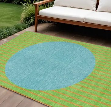 10' X 14' Lime Green And Blue Striped Washable Indoor Outdoor Area Rug