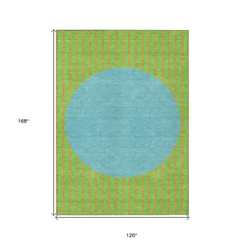 10' X 14' Lime Green And Blue Striped Washable Indoor Outdoor Area Rug