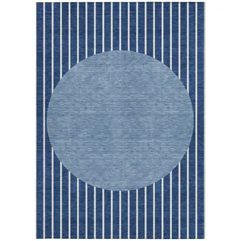 3' X 5' Navy Blue And Gray Striped Washable Indoor Outdoor Area Rug