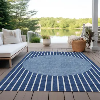 3' X 5' Navy Blue And Gray Striped Washable Indoor Outdoor Area Rug