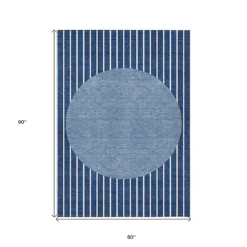 5' X 8' Navy Blue And Gray Striped Washable Indoor Outdoor Area Rug