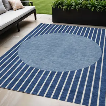 5' X 8' Navy Blue And Gray Striped Washable Indoor Outdoor Area Rug