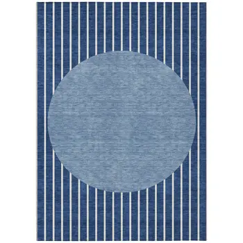 5' X 8' Navy Blue And Gray Striped Washable Indoor Outdoor Area Rug