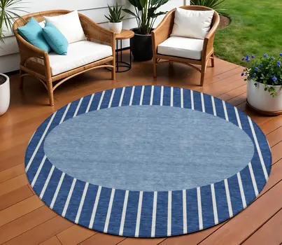 8' Navy Blue And Gray Round Striped Washable Indoor Outdoor Area Rug