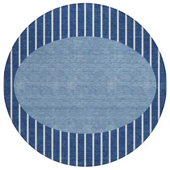 8' Navy Blue And Gray Round Striped Washable Indoor Outdoor Area Rug