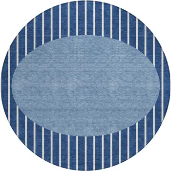 8' Navy Blue And Gray Round Striped Washable Indoor Outdoor Area Rug