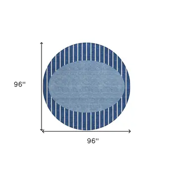 8' Navy Blue And Gray Round Striped Washable Indoor Outdoor Area Rug