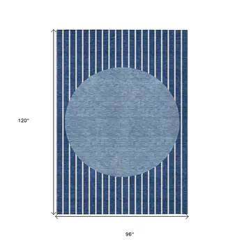 8' X 10' Navy Blue And Gray Striped Washable Indoor Outdoor Area Rug