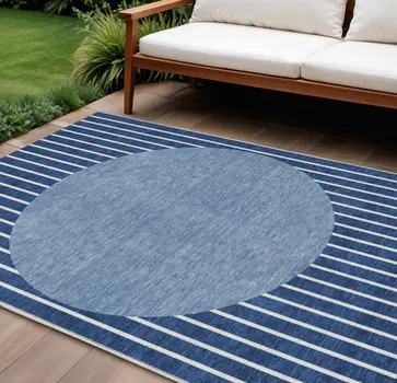 9' X 12' Navy Blue And Gray Striped Washable Indoor Outdoor Area Rug