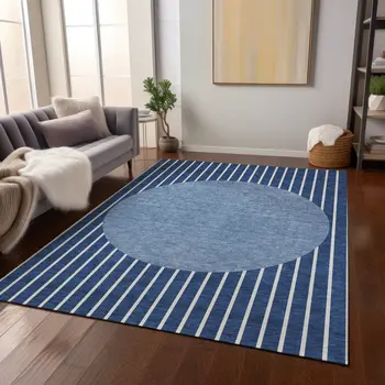 9' X 12' Navy Blue And Gray Striped Washable Indoor Outdoor Area Rug