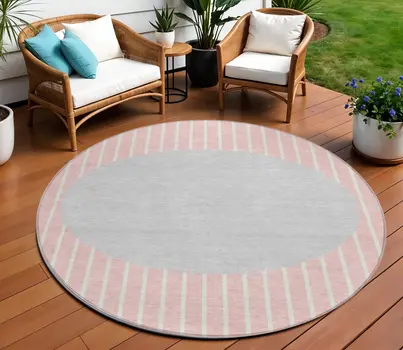 8' Pink And Silver Round Striped Washable Indoor Outdoor Area Rug
