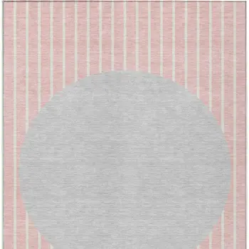 9' X 12' Pink And Silver Striped Washable Indoor Outdoor Area Rug