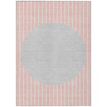 9' X 12' Pink And Silver Striped Washable Indoor Outdoor Area Rug