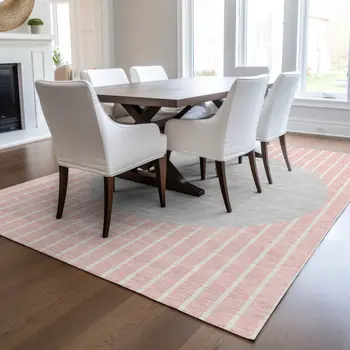 9' X 12' Pink And Silver Striped Washable Indoor Outdoor Area Rug