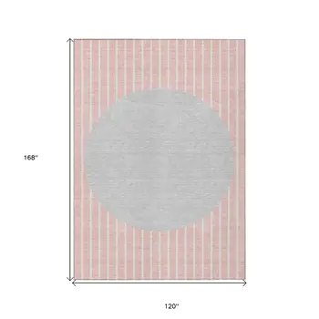 10' X 14' Pink And Silver Striped Washable Indoor Outdoor Area Rug