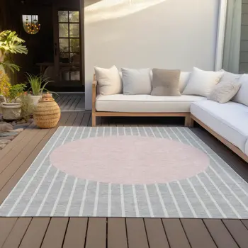 3' X 5' Silver And Pink Striped Washable Indoor Outdoor Area Rug