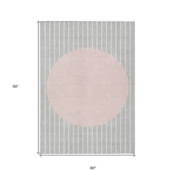 5' X 8' Silver And Pink Striped Washable Indoor Outdoor Area Rug
