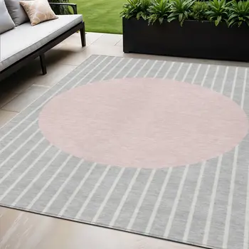 5' X 8' Silver And Pink Striped Washable Indoor Outdoor Area Rug