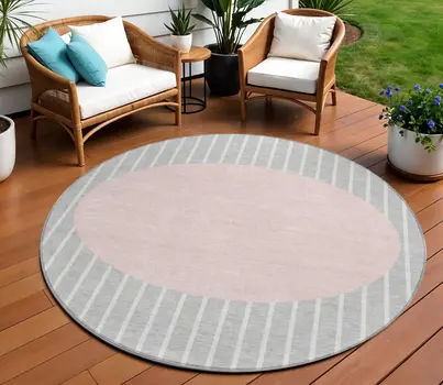 8' Silver And Pink Round Striped Washable Indoor Outdoor Area Rug