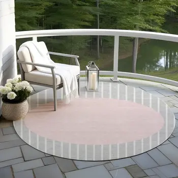 8' Silver And Pink Round Striped Washable Indoor Outdoor Area Rug
