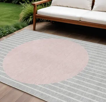 8' X 10' Silver And Pink Striped Washable Indoor Outdoor Area Rug
