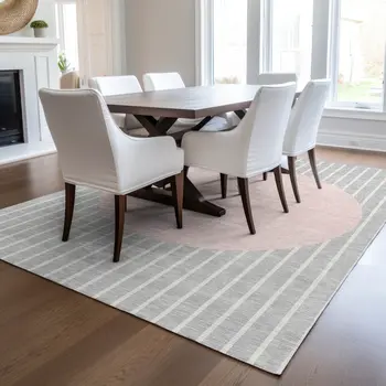 8' X 10' Silver And Pink Striped Washable Indoor Outdoor Area Rug