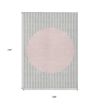 9' X 12' Silver And Pink Striped Washable Indoor Outdoor Area Rug