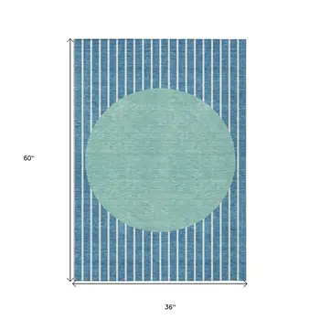 3' X 5' Teal Blue And Aqua Striped Washable Indoor Outdoor Area Rug
