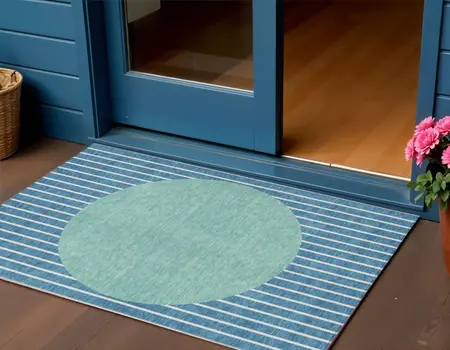3' X 5' Teal Blue And Aqua Striped Washable Indoor Outdoor Area Rug