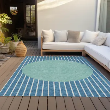 3' X 5' Teal Blue And Aqua Striped Washable Indoor Outdoor Area Rug