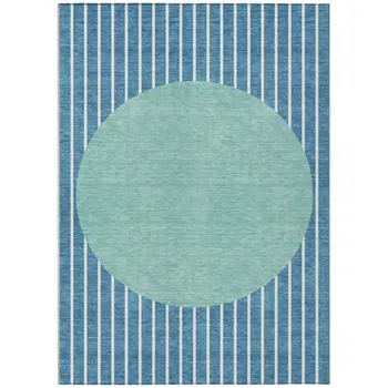 3' X 5' Teal Blue And Aqua Striped Washable Indoor Outdoor Area Rug