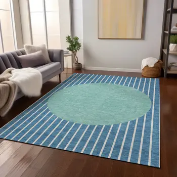 3' X 5' Teal Blue And Aqua Striped Washable Indoor Outdoor Area Rug