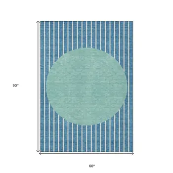 5' X 8' Teal Blue And Aqua Striped Washable Indoor Outdoor Area Rug