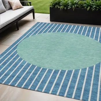 5' X 8' Teal Blue And Aqua Striped Washable Indoor Outdoor Area Rug