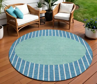8' Teal Blue And Aqua Round Striped Washable Indoor Outdoor Area Rug
