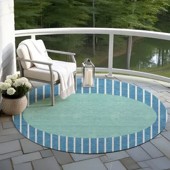 8' Teal Blue And Aqua Round Striped Washable Indoor Outdoor Area Rug