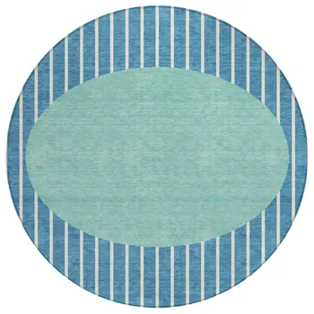 8' Teal Blue And Aqua Round Striped Washable Indoor Outdoor Area Rug
