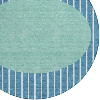 8' Teal Blue And Aqua Round Striped Washable Indoor Outdoor Area Rug