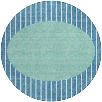 8' Teal Blue And Aqua Round Striped Washable Indoor Outdoor Area Rug
