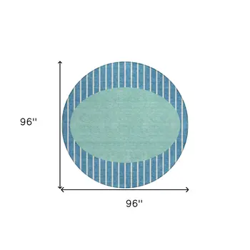 8' Teal Blue And Aqua Round Striped Washable Indoor Outdoor Area Rug