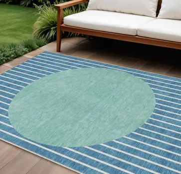 8' X 10' Teal Blue And Aqua Striped Washable Indoor Outdoor Area Rug