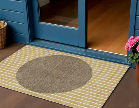 3' X 5' Wheat And Brown Striped Washable Indoor Outdoor Area Rug