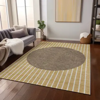 3' X 5' Wheat And Brown Striped Washable Indoor Outdoor Area Rug